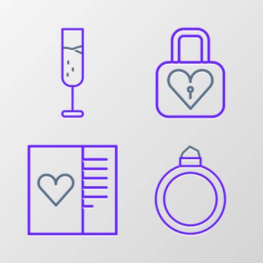 Kartpostalda kalp kilidi ve şampanya ikonu olan elmas nişan yüzüğü ayarla. Vektör.