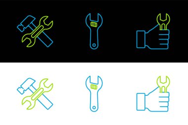 Çizgi anahtarı çekiç, anahtar ve ayarlanabilir simgeyi ayarla. Vektör.