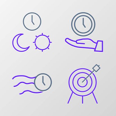 Çizgiyi belirle. Saatteki eğlence zamanı, gece gündüz, saat simgesiyle uçuyor. Vektör.