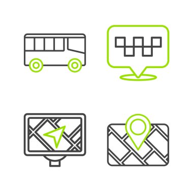 Harita konum taksisi ve otobüs simgesi ile GPS cihazını ayarla. Vektör.