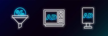 Satır başı hedef yönetim ve reklam simgesini ayarla. Parlayan neon. Vektör.