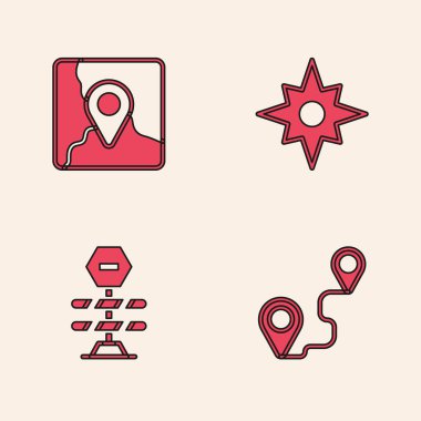 Yol konumunu ayarlayın, işaretli katlanmış harita, Rüzgar gülü ve Yol bariyeri simgesi. Vektör.