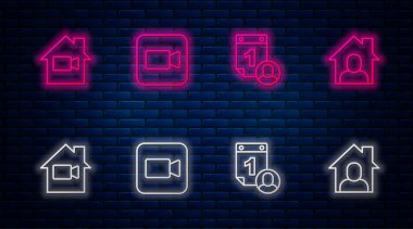 Kamera, Zaman Yönetimi, Video kamera kapalı ve çevrimiçi çalışıyor. Tuğla duvarda parlayan neon simgesi. Vektör.