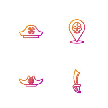 Korsan kılıcı, şapka ve yer korsanı. Renk simgeleri. Vektör.