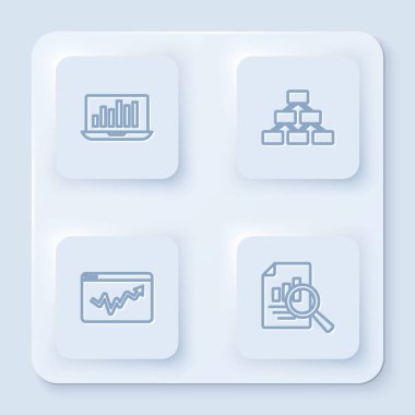 Çizgi dizüstü bilgisayarını grafik şeması hiyerarşi organogramı Graph bilgi ve belgesi ile ayarla. Beyaz kare düğme. Vektör.