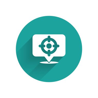 Beyaz Hedef spor ikonu uzun gölgeli izole edilmiş. Atış mesafesi ya da atış mesafesi için sayıları olan temiz bir hedef. Yeşil daire düğmesi. Vektör.