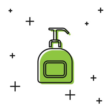 Siyah şişe anti bakteriyel sabun ve beyaz arka planda izole edilmiş şeker ikonu. Antiseptik. Dezenfeksiyon, hijyen, cilt bakımı. Vektör.