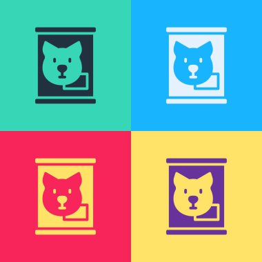 Pop sanat konserveleri renk arkaplanında izole edilmiş yemek ikonu. Hayvanlar için yiyecek. Evcil hayvan yiyeceği kutusu. Köpek kemiği işareti. Vektör.