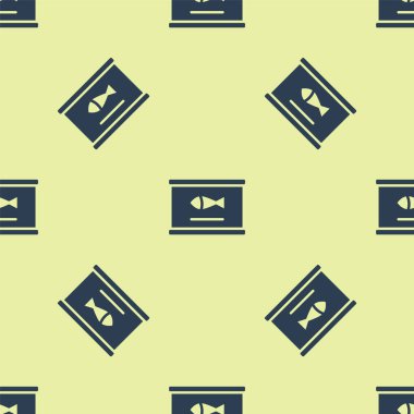 Mavi konserve balık ikonu sarı arka planda izole edilmiş pürüzsüz desen. Vektör.