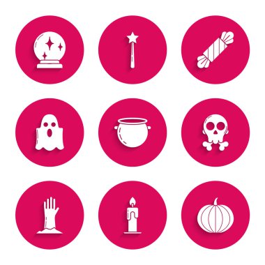 Cadılar Bayramı cadı kazanı yanan mum, balkabağı kafatası zombi eli Hayalet Şeker ve sihirli top ikonu. Vektör.