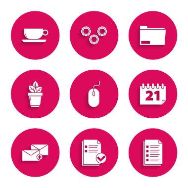 Bilgisayar faresi Belgesini ayarla ve işaretli Dosya Belgesi Takvimi Zarfları 'nı çömlek klasöründe ve Kahve fincanı düz simgesinde işaretle. Vektör.