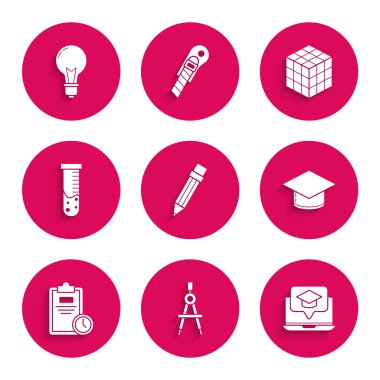 Silgi çizim pusula derecelendirme kepini ekran dizüstü bilgisayar sınav kağıdı saat test tüpü ve matara kimya laboratuvarı zeka küpü ve fikir simgesi ampul kavramına ayarla. Vektör.
