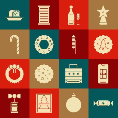 Şeker akıllı telefonu hediye kutulu kurabiye ya da bisküvi çikolatalı şampanya şişesi şampanya, Noel çelengi çubuk şeker kamışı şeritli badem ezmeli kek ve havai fişek ikonu ile ayarla. Vektör.
