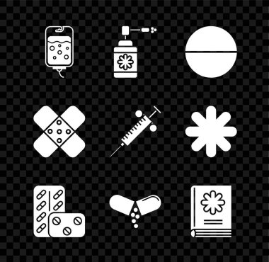 Serum torbası tıbbi şişeyi hortum spreyi ilaç hapı ya da tablet hapları, su toplaması kitabı çapraz bandaj sıvası ve şırınga ikonu ile ayarla. Vektör.