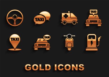 Taksi arabası elektrik yükleme istasyonu Scooter Harita işaretçisini taksi ambulansı ve acil direksiyon simidi ile ayarla ve telefon servisi simgesini ara. Vektör.