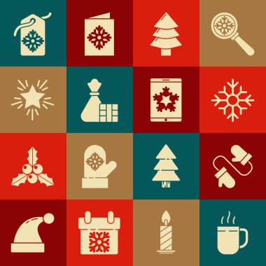 Kahve fincanı çifti örülmüş Noel Eldiveni Kar Tanesi Noel ağacı hediye kutusu ve yazıtlı Star Price etiketi ve akıllı telefon kar tanesi ikonu. Vektör.