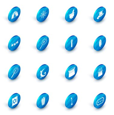 Örümcek Ağı Sihirli Havan ve topuz Sihirbazı şapkasını bayraklı, değnek taşlı ve asa ikonlu karnaval çelengine çevirin. Vektör.