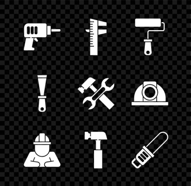 Elektrikli matkap Calliper 'ı ya da kalibre ayarlayın ve boyalı fırça, çekiç, testere ve anahtar ikonu yapın. Vektör.