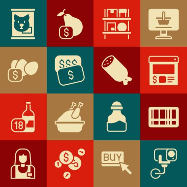 Güvenlik kamerası barkod çevrimiçi sipariş ve deponun içini yumurta konservesi ve salam ikonu için yeni fiyat etiketi dolar fiyatıyla doldurun. Vektör.