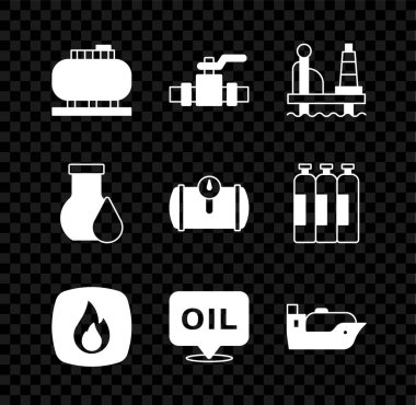 Petrol tankı depolama borularını ve kapakçık platformunu Fire Word petrol tankeri petrol test tüpü ve gaz aracı ikonuna ayarlayın. Vektör.