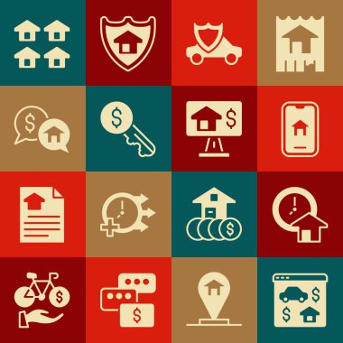 Set Online gayri menkul saati, paralı araba, Rent Key Price pazarlığı, gerçek ve ikon. Vektör.