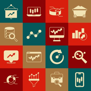 Mobil hisse senedi alım-satım veri analizini Finansal büyüme turtası grafiksel grafik grafiksel grafik sunucu tahtasını simgeyle ve monitör simgesiyle ayarla. Vektör.