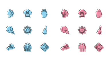 Hat Proje Üs Kullanıcı Grubu İnsan takım elbisesinin içinde teçhizat ve bulut simgesine öncülük eden merdiven yerleştirin. Vektör.