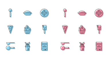 Satır çizgisi, Windmill Pizza Bıçağı Yemek Kitabı Kek Mutfak Fırçası Pizza Dilimi ve Ev Yapımı Turtası ikonu. Vektör.