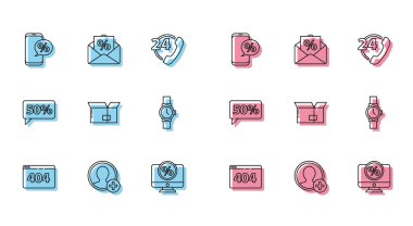 Satır Sayfasını 404 hata ile ayarla Hesap Ekran İndirimi Oluştur ve telefon monitörü Carton karton kutu bilekliği% 50 etiket ve Envelope ilgi simgesi izle. Vektör.