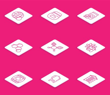 Dünyanın bal peteği haritasını belirle arı kovanı, tahta fıçı ve ikon ile kavanoz balı. Vektör.