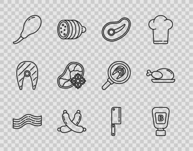 Pastırma şeridi sosu şişesi biftek eti çapraz sosis tavuk bacağı taze donmuş biftek, et ve kızarmış hindi ya da tavuk ikonu. Vektör.