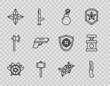 Hat Ortaçağ kalkanını çapraz baltalı bıçaklı bomba ile savaş çekici Japon ninja shuriken tabancasını ya da tabancayı patlatmaya hazır hale getir ve dinamit ikonu için fünye al. Vektör.