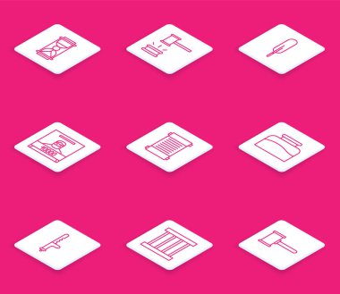 Eski kum saati ve kum hakimi gavel Feather posterli kağıt parşömen tomarı Inkwell polis kauçuk copu ve hapishane penceresi ikonu. Vektör.