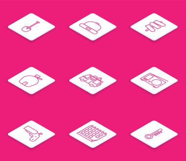 Shovel Beanie hat trafik levhası Kantin su şişesi karavan radyosu anten fişekli tabanca ve takvim ikonlu. Vektör.