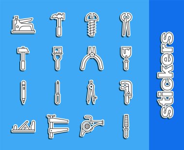 Pense kıskacı, metal vida fırçası, çekiç zımbası ve pense ikonu için keski aleti ayarla. Vektör.