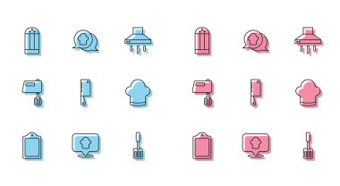 Hat kesme masası şefi şapkasını Tuz Spatula Et Helikopteri Elektrikli mikser ve konuşma balonu ikonu ile ayarla. Vektör.