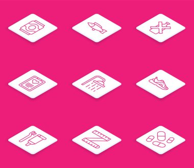 Soda Konservesi Balığı. Alkol yok. Duş tahtası, spor ayakkabısı, diş fırçası, diş macunu ve mezura ölçüsü ikonu. Vektör.