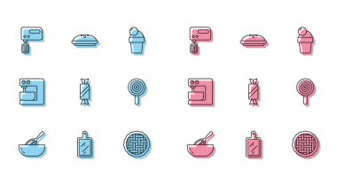 Line Kitchen çırpma ve kase kesme tahtası ev yapımı turta şekeri şekeri ve ikon. Vektör.