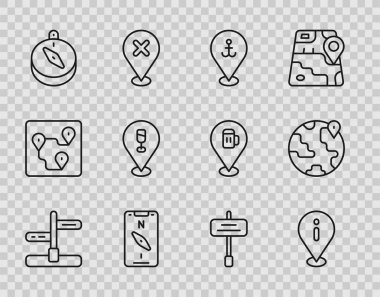 Hat trafik işareti konumunu bilgi sunucusu Pusula mobil Alkol birası bar konumu ve dünya simgesi ile ayarlayın. Vektör.