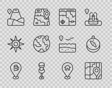 Alkol ya da bira barı konumu şehir haritası navigasyon bilgilerini dağlık ev ve pusula simgesiyle birlikte itme pin konumuna ayarla. Vektör.