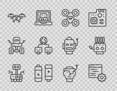 Robot Bilgisayar api arayüzünü ayarla İHA Batarya Yapay Zeka Akıllı gözlükler ve Mekanik robot el simgesi. Vektör.