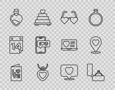 Sevgililer günü partisi broşürü Diamond Heart şeklinde aşk gözlüğü kalp iksiri Mobile Like ve konum ikonu kolyesi. Vektör.