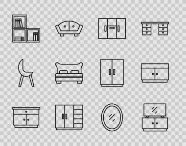 Mobilya sehpası televizyon masası gardırop rafı kitaplarla Büyük yatak aynası ve çekmece sandığı simgesi. Vektör.