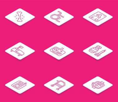 Kırık insan kemiği, tekerlekli sandalye röntgenleri hastane yatak kimlik kartı şırıngası SOS düğmesine ve Walker simgesine basın. Vektör.