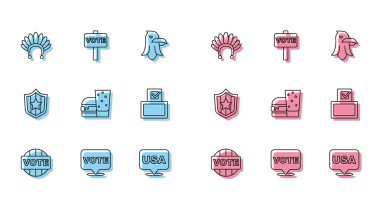 Amerikan Bağımsızlık Günü Burger Box Shield yıldızları ve ikonu tüylü Kızılderili başlığını belirleyin. Vektör.