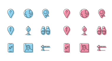 Satır Şehir Haritası navigasyonunu konum belirleyicisi bilinmeyen yol noktası park yeri bariyeri trafik işareti ile katlanarak sola Dürbün Konumu ünlemesi ve Dünya küresi simgesi ile ayarlayın. Vektör.