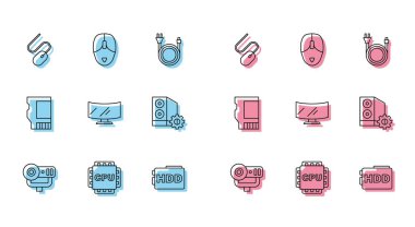 CPU Bilgisayar Fare Sabit Diski ile Web kamera işlemcisini bilgisayar SD kartı ve simgesinin HDD monitör görüntüsü ile ayarla. Vektör.