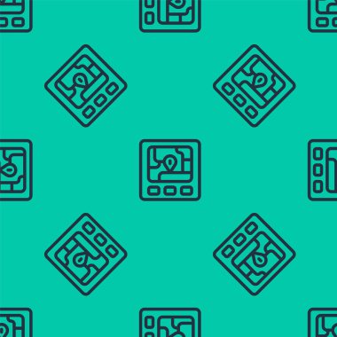 Harita simgesine sahip mavi çizgi GPS cihazı yeşil arkaplanda izole edilmiş kusursuz desen. Vektör.