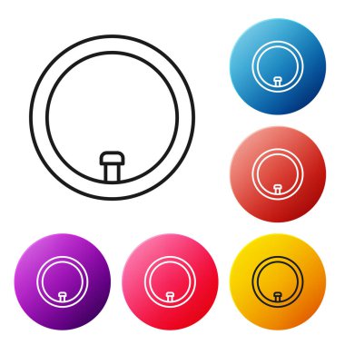 Siyah çizgi bisiklet tekeri simgesi beyaz arkaplanda izole edildi. Bisiklet yarışı. Tekerlek havası. Spor malzemeleri. Renkli daire düğmelerini ayarlayın. Vektör.