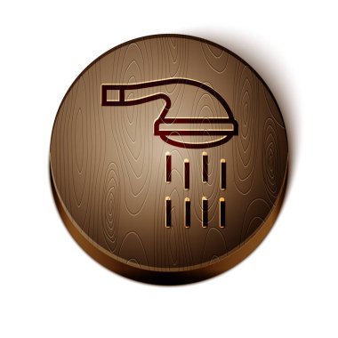 Kahverengi çizgi duş başlığı, beyaz zemin üzerinde su damlaları akan ikon izole edildi. Tahta daire düğmesi. Vektör.